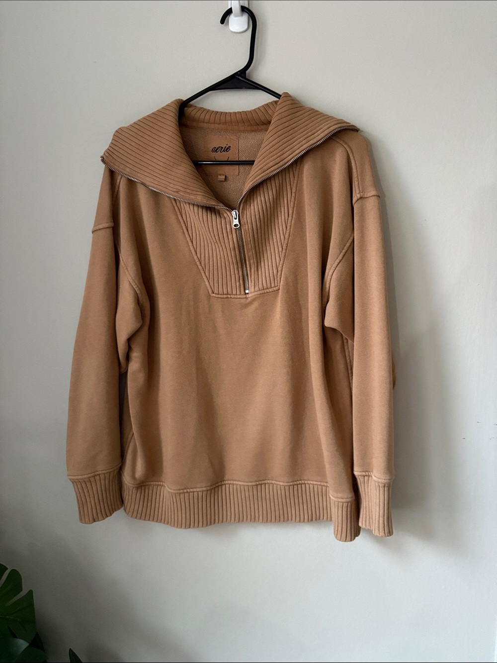 aerie Camel/Tan Half-Zip Rib Funnel Sweater